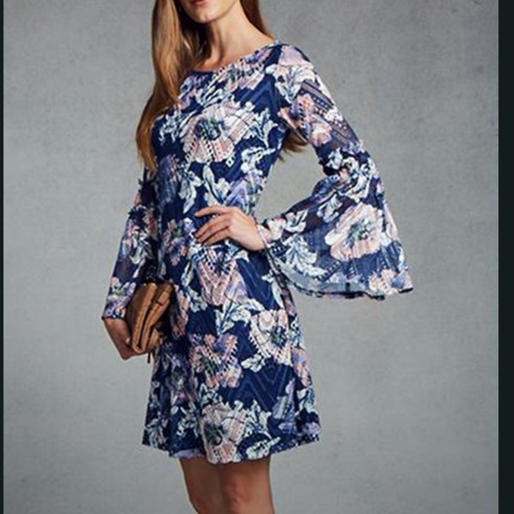 Westport dress flower pattern chevron lace flare bell sleeve sheath sundress M - Picture 1 of 17